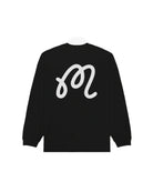 Black sweatshirt with a white logo on the back against a white background