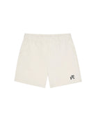 Beige shorts with a black logo on a white background
