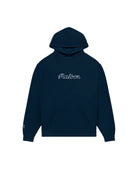 Navy blue hoodie with 'Malbon' branding on a light gray background