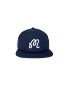 Navy blue cap with a white logo on a light gray background
