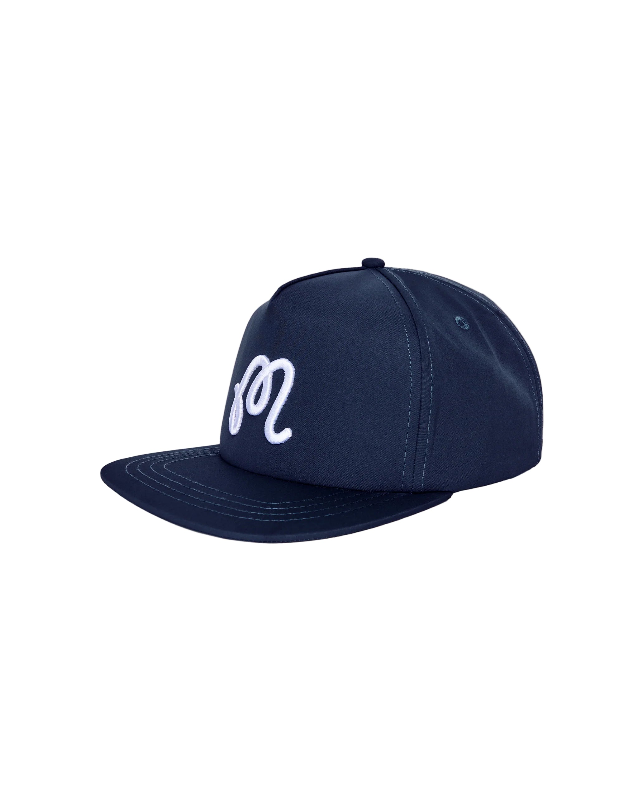 Navy blue cap with a white logo on a light gray background