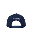 Navy blue cap with white logo on a light gray background