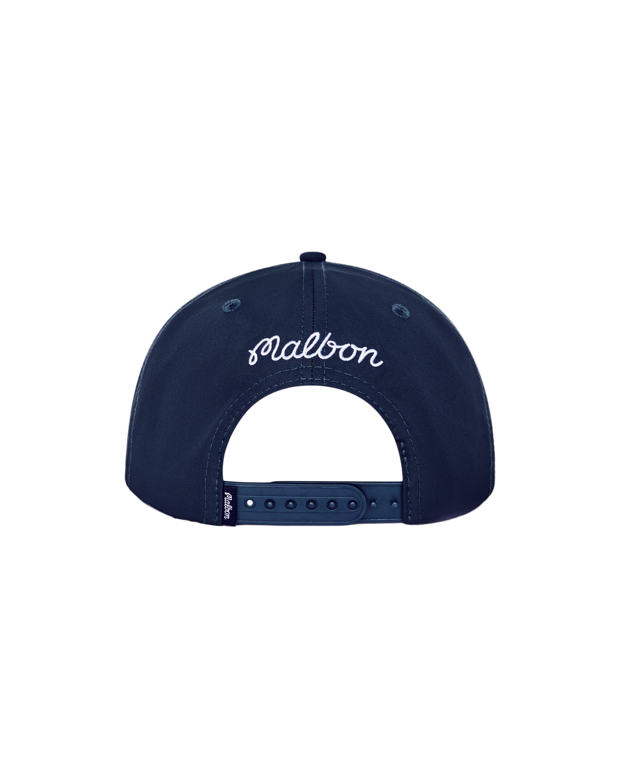 Navy blue cap with white logo on a light gray background