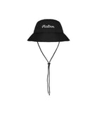 Black bucket hat with a brand logo on a white background