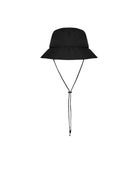 Black bucket hat with a strap on a white background