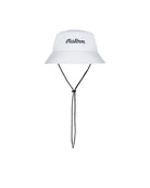 White bucket hat with 'Malbon' branding on a white background