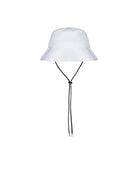 White bucket hat with a black drawstring on a white background