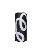Black cylindrical object with white abstract design on a white background