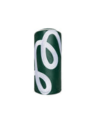 Green cylindrical object with a white logo on a white background