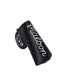 Black golf club head cover with 'Malbon' branding on a white background