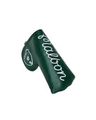 Green golf club head cover with 'Malbon' branding on a white background