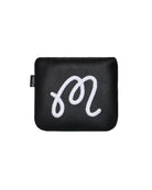 Black pouch with white logo on a white background
