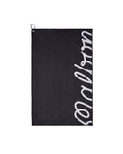Black towel with white text on a white background