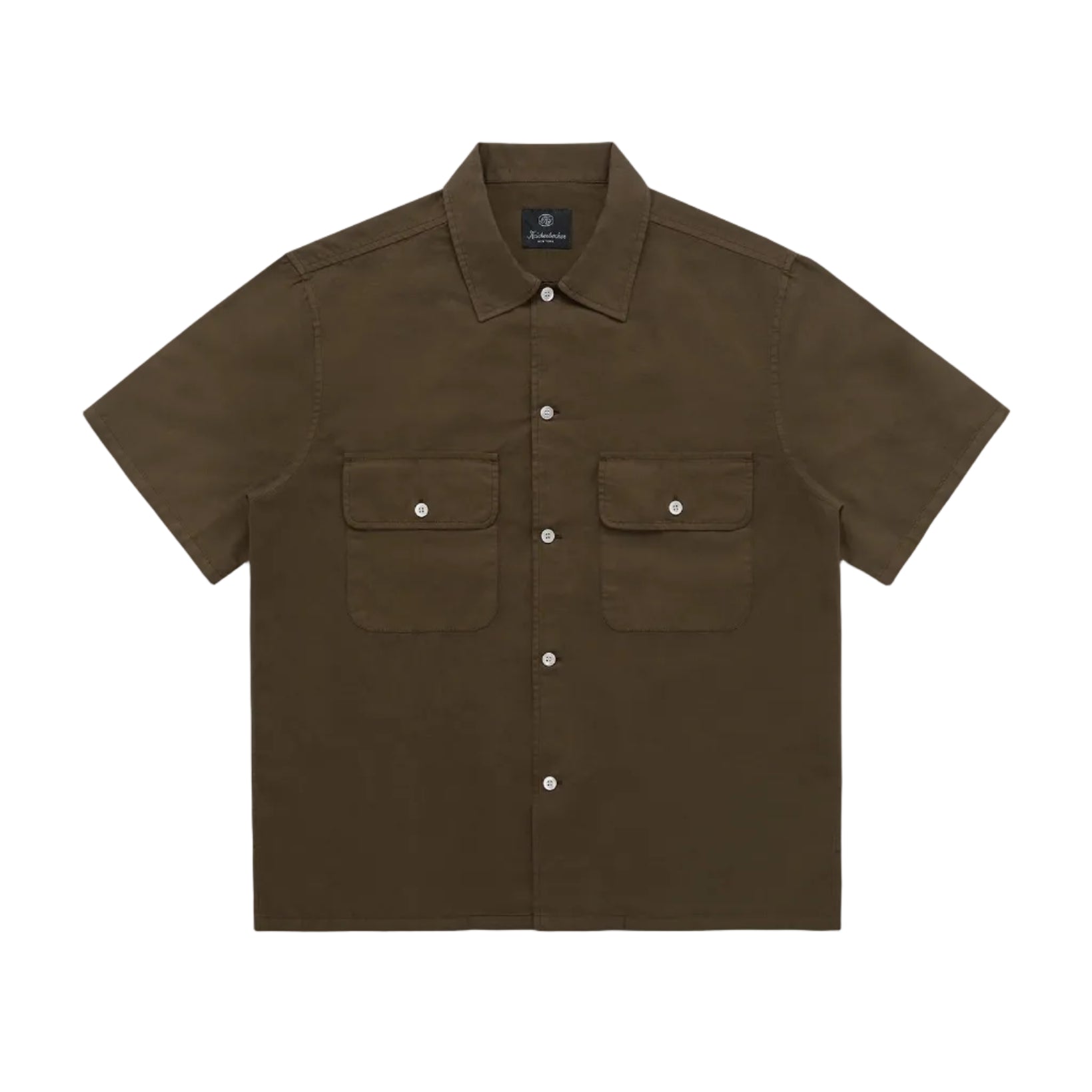 Brown short-sleeve shirt with two front pockets on a white background