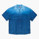 Blue short-sleeve shirt with collar and pocket on a white background