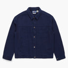 Navy blue jacket with two front pockets on a white background