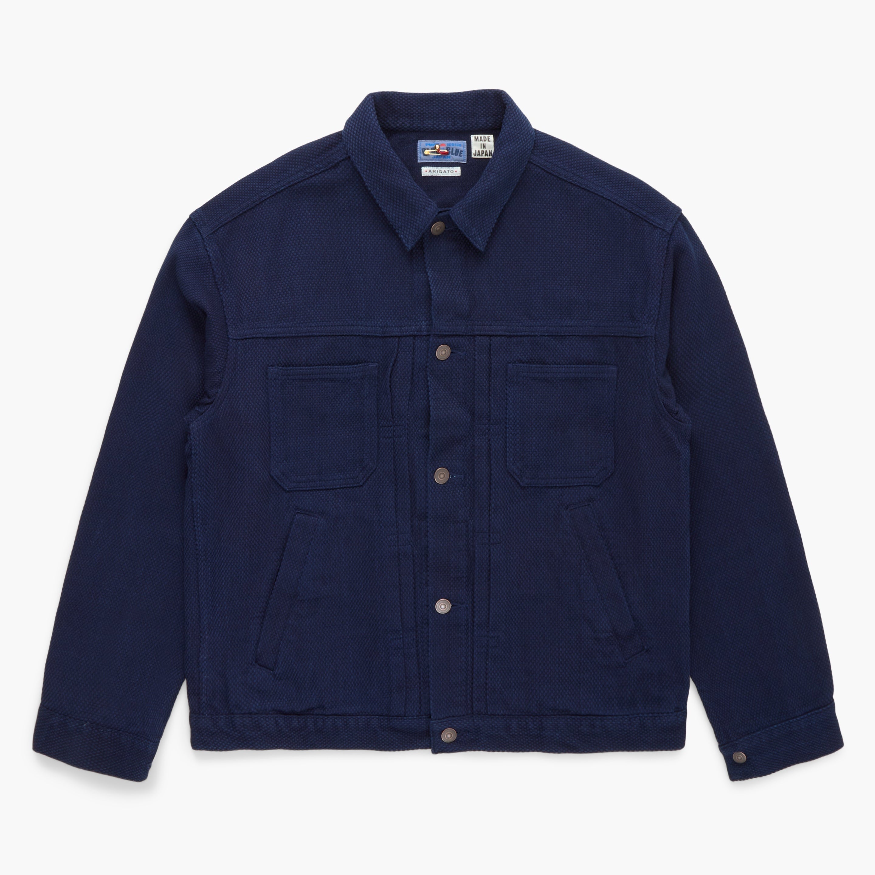 Navy blue jacket with two front pockets on a white background