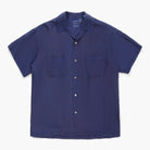 Navy blue short-sleeve shirt with two front pockets on a white background