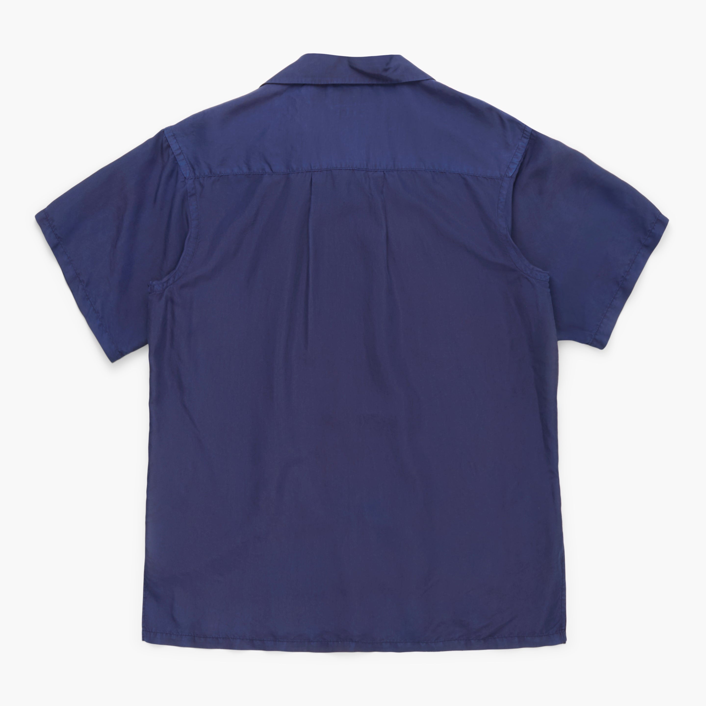 Navy blue short-sleeve shirt on a white background