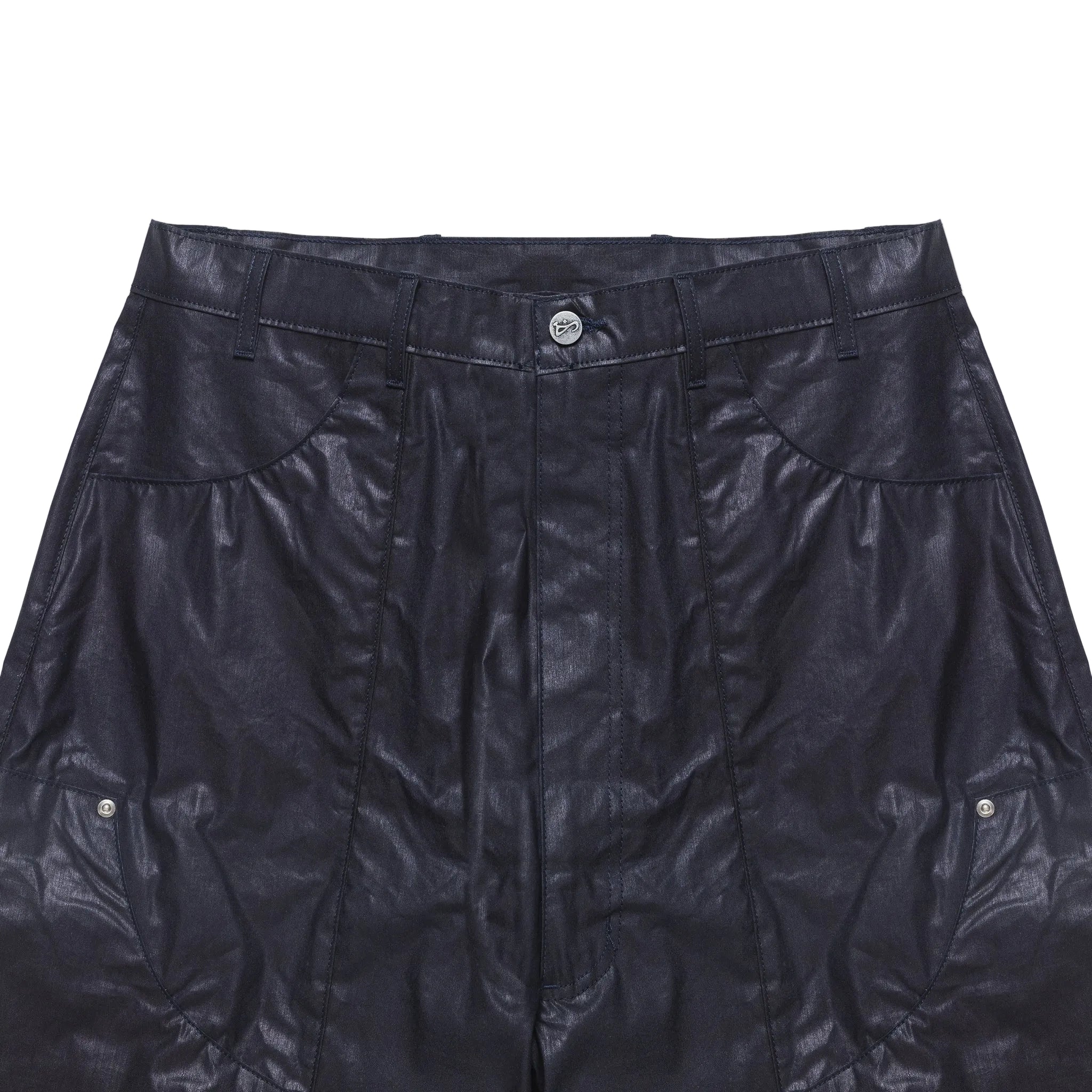 Close-up of dark blue pants with a button on a white background