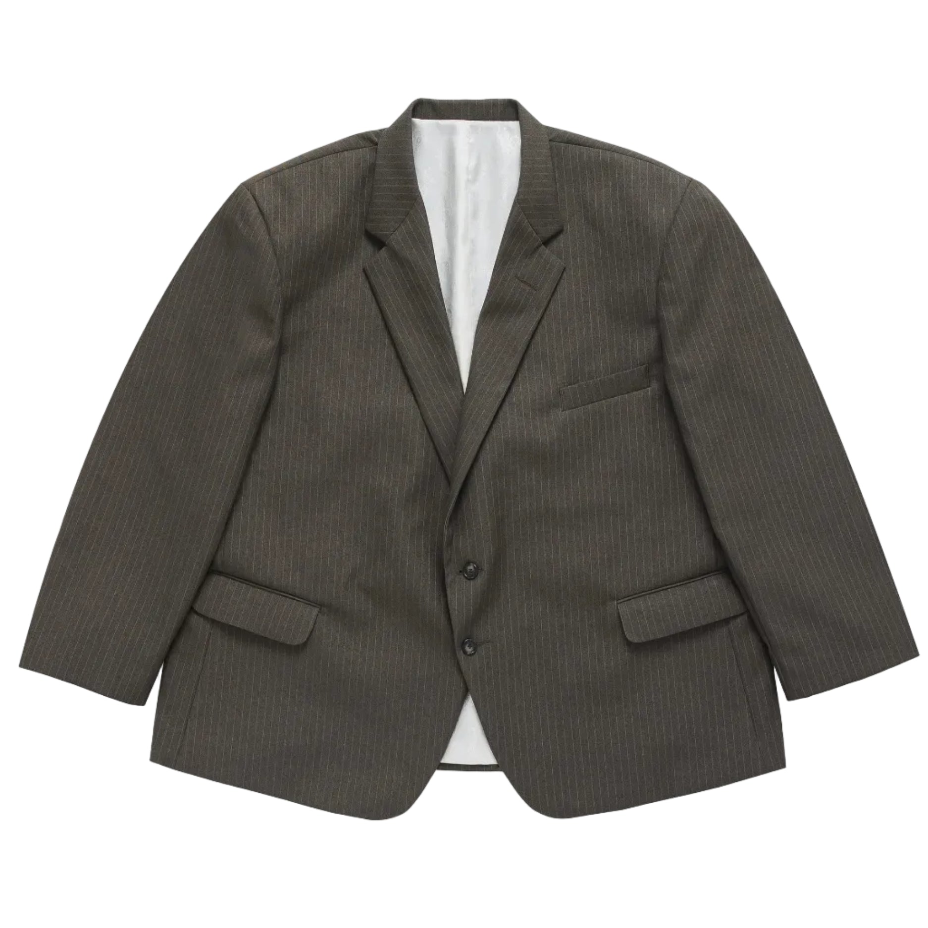 Grey pinstripe blazer on a white background