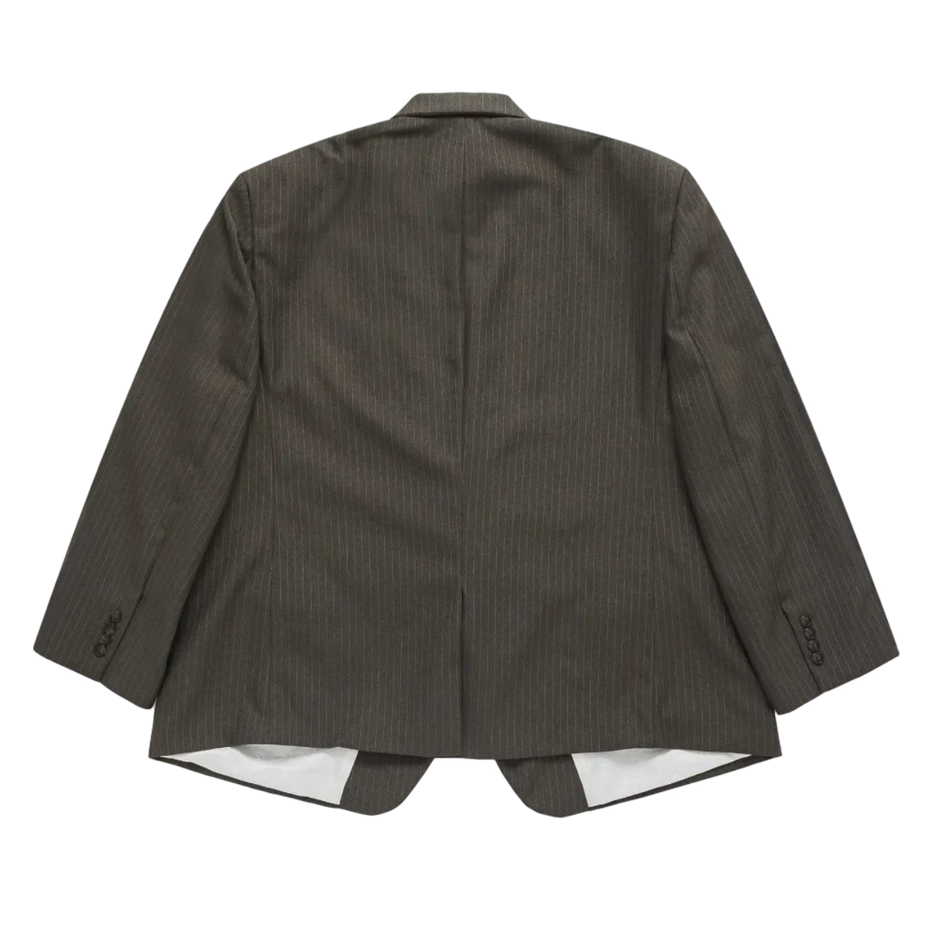 Back view of a dark gray pinstripe suit jacket on a light gray background
