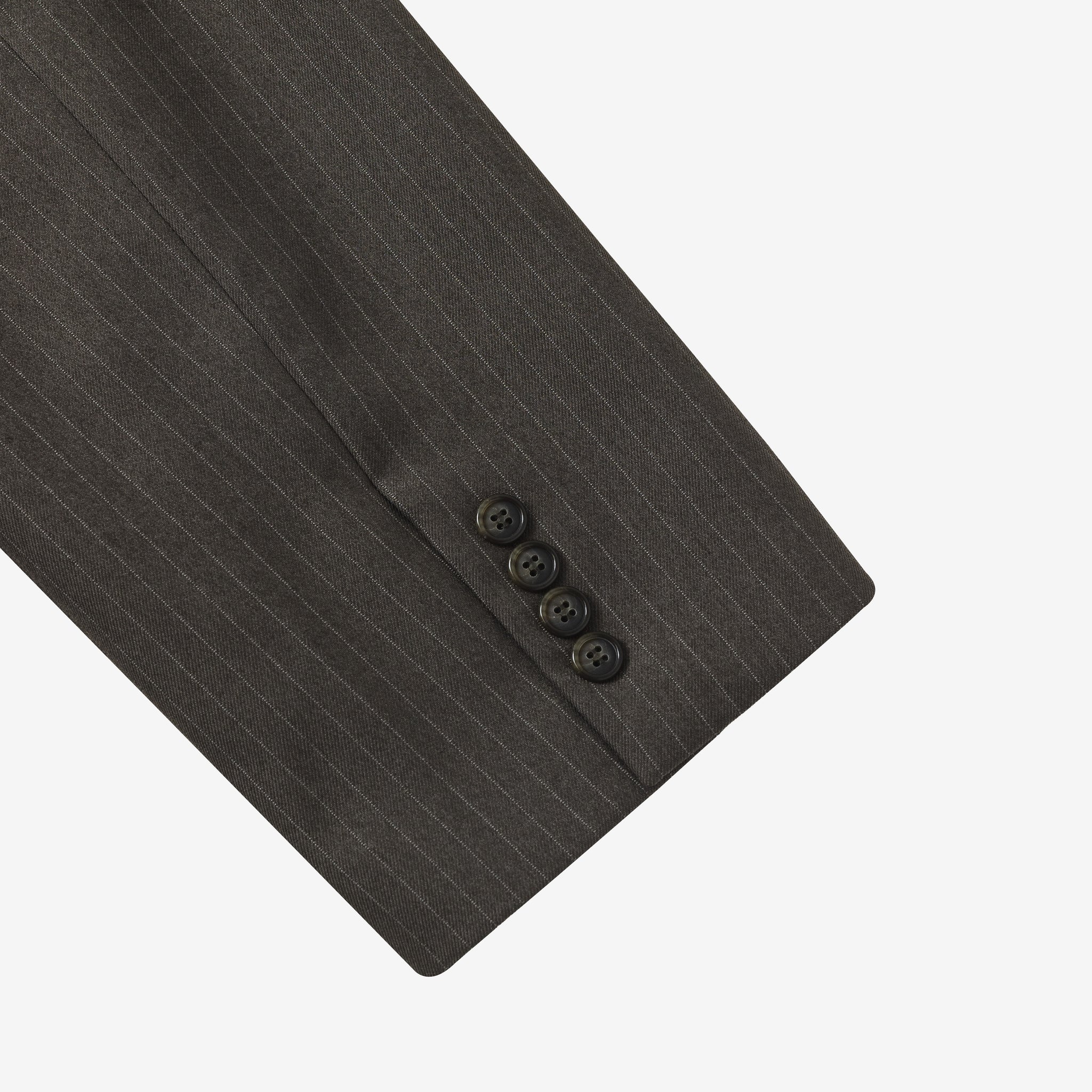 Close-up of a dark gray suit jacket with three buttons on a light gray background