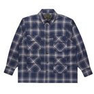 Blue and white plaid shirt with button details on a light gray background