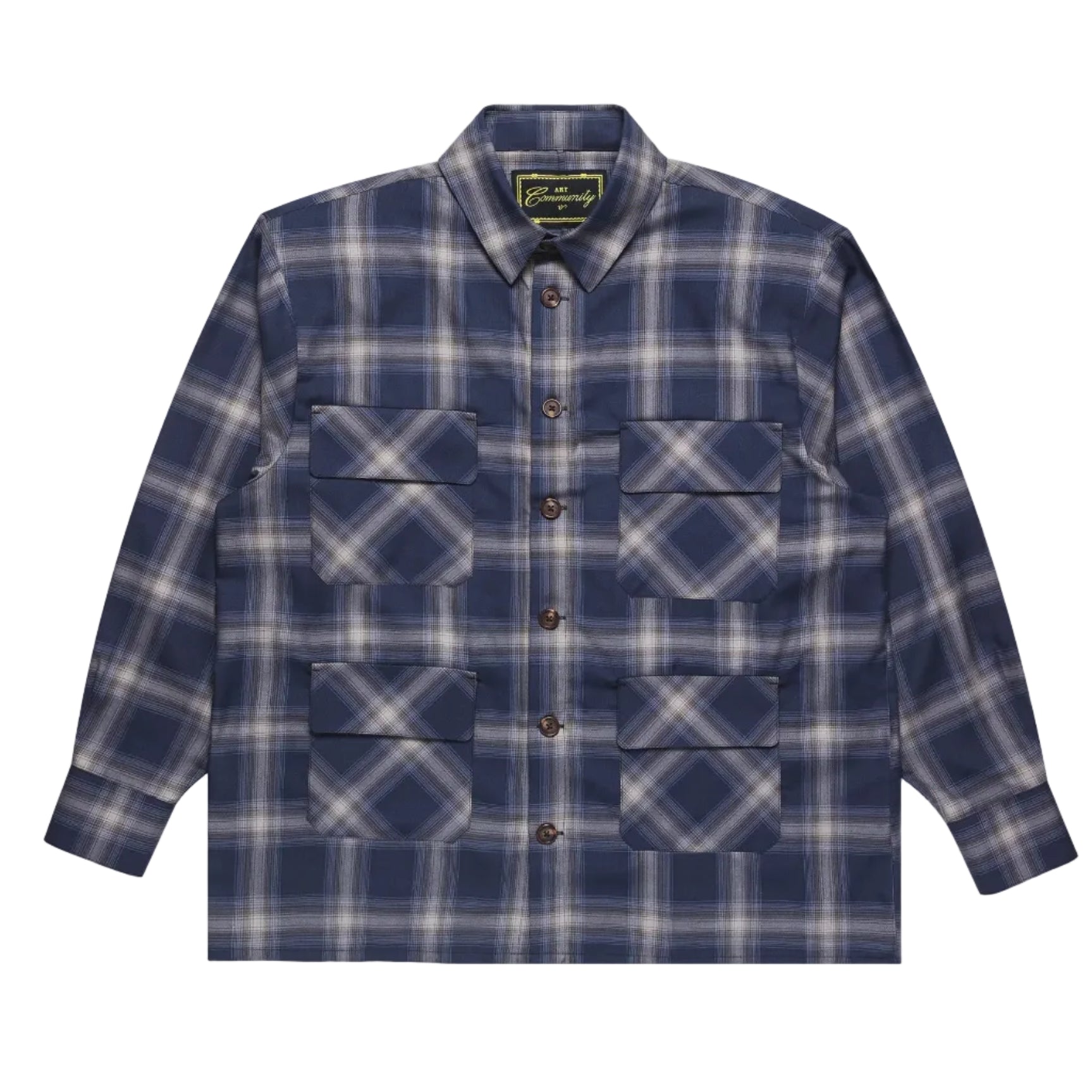 Blue and white plaid shirt with button details on a light gray background