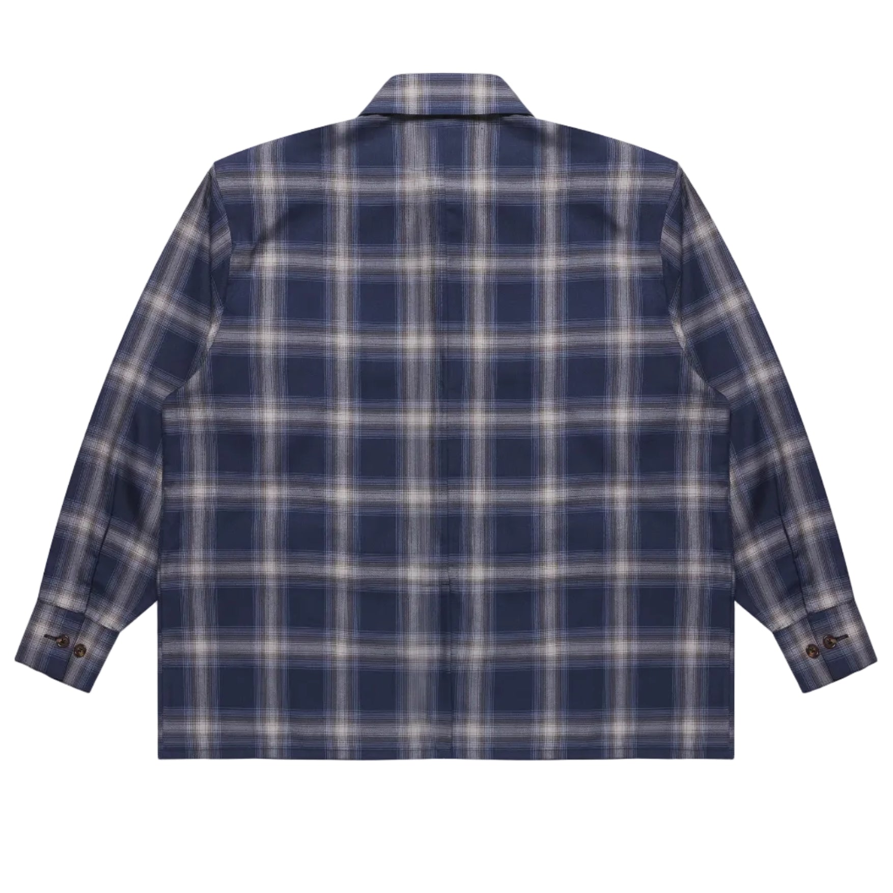 Plaid shirt with blue and white pattern on a light gray background