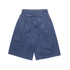 Blue denim shorts on a white background