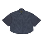Navy checkered shirt with short sleeves on a white background