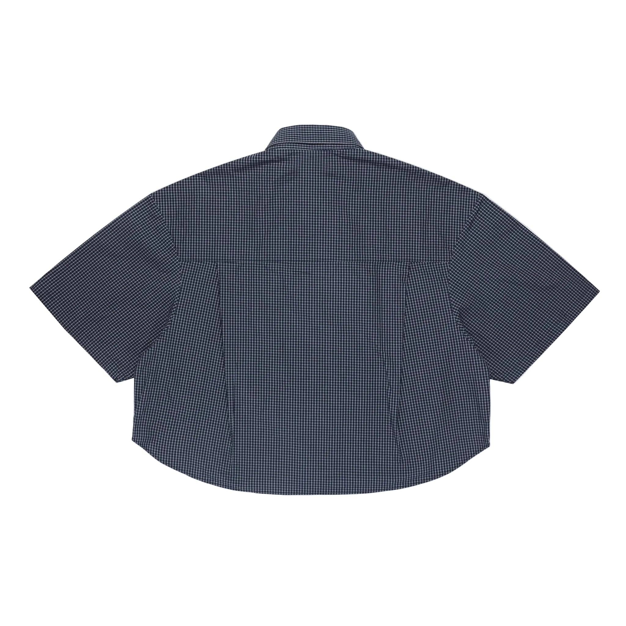 Back view of a dark blue checkered shirt on a white background