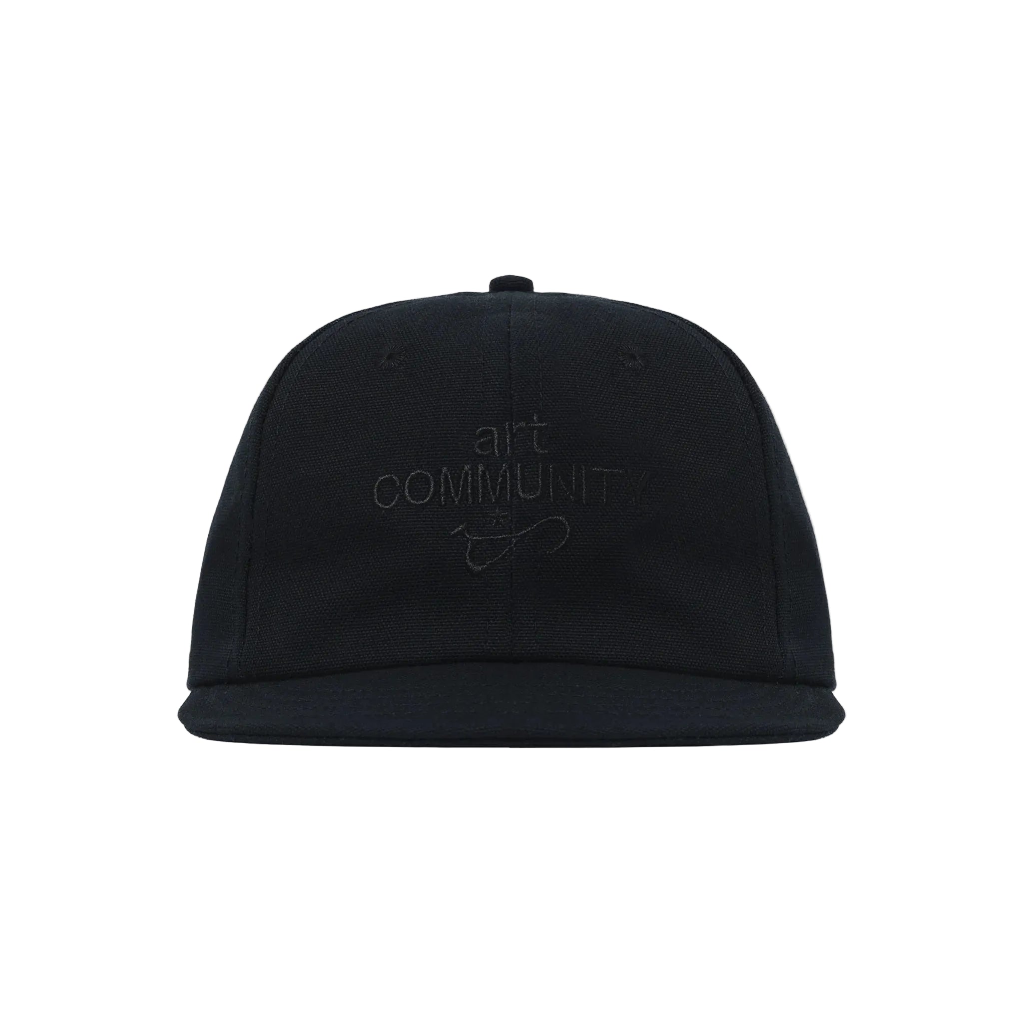 Black cap with 'art COMMUNITY' text on a white background