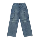 Blue cargo pants with multiple pockets on a white background