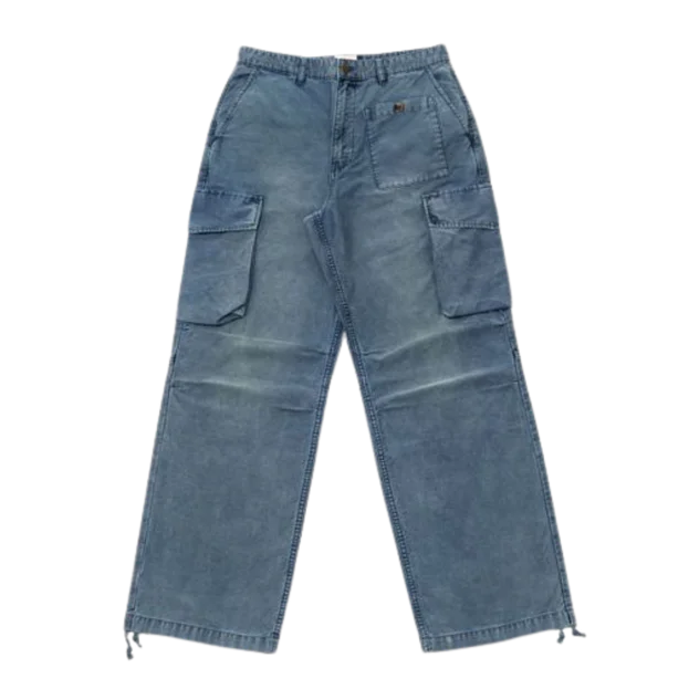 Blue cargo pants with multiple pockets on a white background