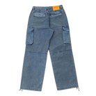 Blue cargo pants with a brand label on a white background