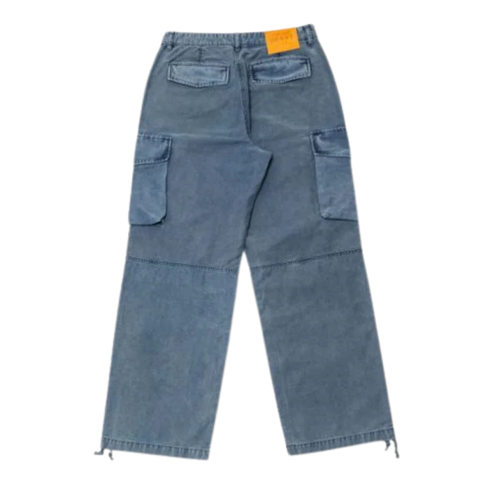 Blue cargo pants with a brand label on a white background