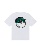 White t-shirt with a graphic of a golf ball wearing a cap on a white background