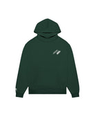 Green hoodie with a logo on the chest against a white background