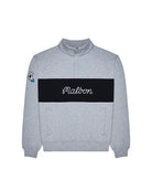Gray sweatshirt with a black band featuring the word 'Malbon' on a white background