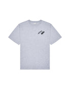 Gray t-shirt with black logo on a white background