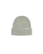 Gray beanie with a brand logo on a white background