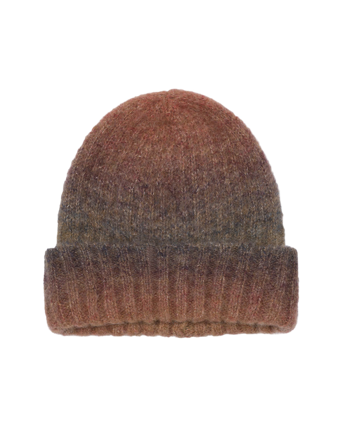 Knitted beanie with gradient color on a white background