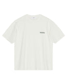 White t-shirt with a small logo on a light white background