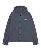 Blue hooded jacket with a brand logo on a white background