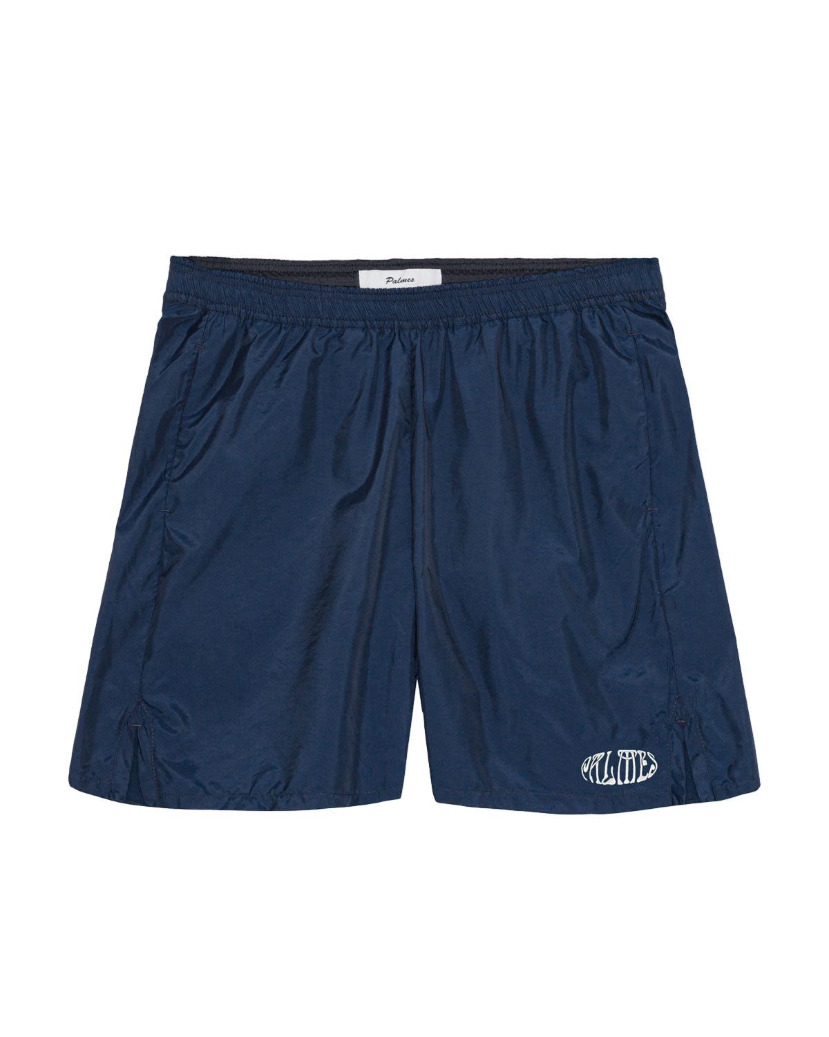 Navy blue shorts with a brand logo on a light gray background