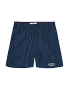 Navy blue shorts with a brand logo on a light gray background