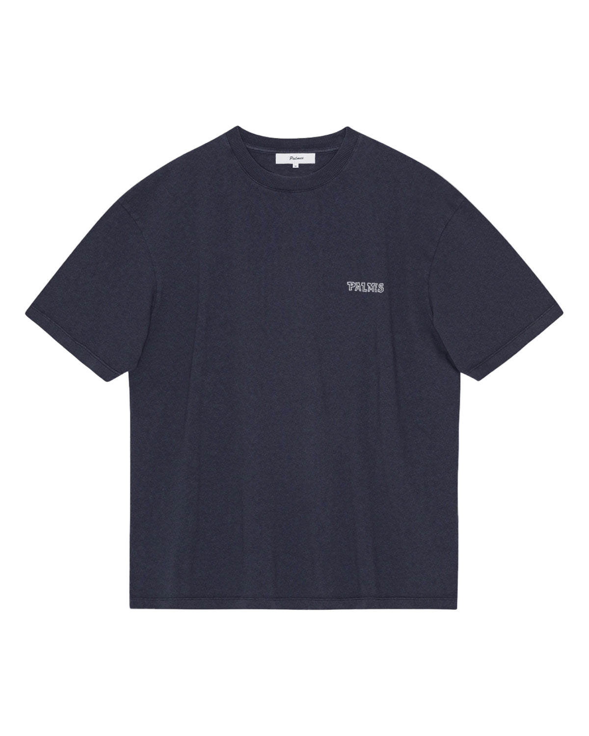 Navy blue t-shirt with a small logo on a white background