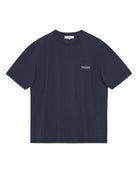 Navy blue t-shirt with a small logo on a white background
